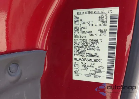 2004 Nissan Titan Le z USA, uszkodzony, nr VIN 1N6AA06B34N520273